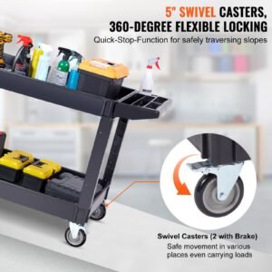 utility service cart, 2 shelf 550lbs heavy duty plastic rolling utility cart with 360° swivel wheels (2 with brakes), large lipped shelf, ergonomic storage handle for warehouse/garage/cleaning