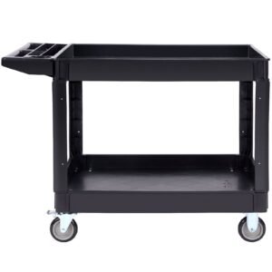 Utility Service Cart, 2 Shelf 550LBS Heavy Duty Plastic Rolling Utility Cart with 360° Swivel Wheels (2 with Brakes), Large Lipped Shelf, Ergonomic Storage Handle for Warehouse/Garage/Cleaning