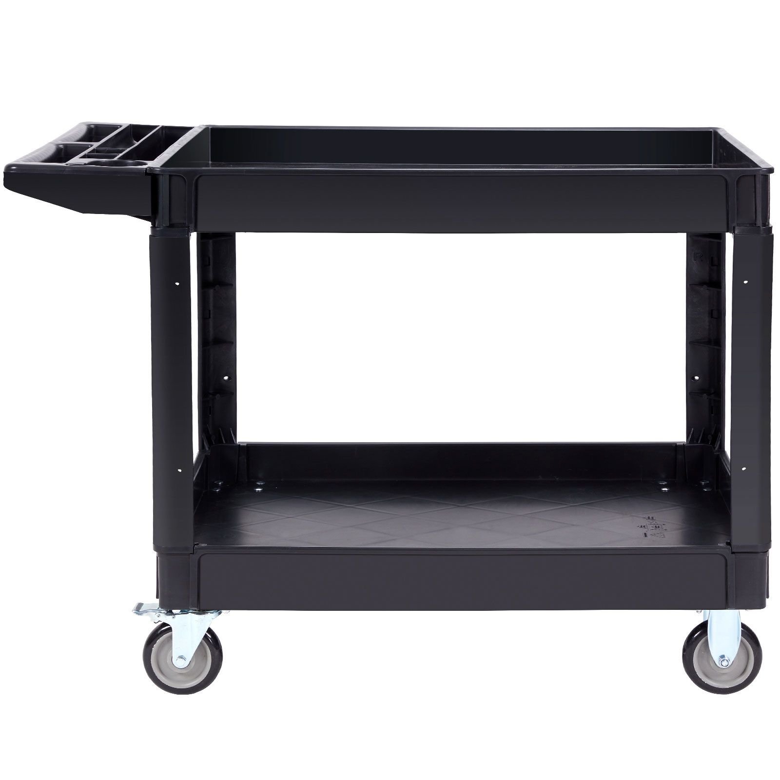 utility service cart, 2 shelf 550lbs heavy duty plastic rolling utility cart with 360° swivel wheels (2 with brakes), large lipped shelf, ergonomic storage handle for warehouse/garage/cleaning