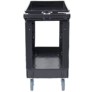utility service cart, 2 shelf 550lbs heavy duty plastic rolling utility cart with 360° swivel wheels, medium lipped shelf, ergonomic storage handle for warehouse/garage/cleaning/office