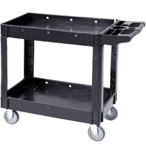 utility service cart, 2 shelf 550lbs heavy duty plastic rolling utility cart with 360° swivel wheels, medium lipped shelf, ergonomic storage handle for warehouse/garage/cleaning/office