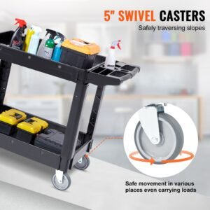 utility service cart, 2 shelf 550lbs heavy duty plastic rolling utility cart with 360° swivel wheels, medium lipped shelf, ergonomic storage handle for warehouse/garage/cleaning/office