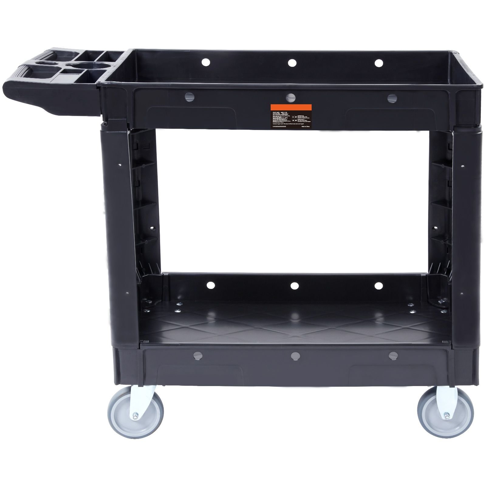 utility service cart, 2 shelf 550lbs heavy duty plastic rolling utility cart with 360° swivel wheels, medium lipped shelf, ergonomic storage handle for warehouse/garage/cleaning/office