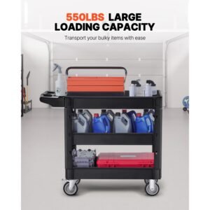 utility service cart, 550 lbs laod capacity, 3 shelf heavy duty plastic rolling utility cart with 360° swivel wheels (2 with brakes), ergonomic storage handle for warehouse/garage/cleaning