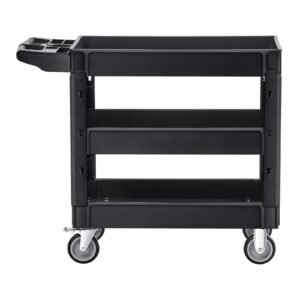 utility service cart, 550 lbs laod capacity, 3 shelf heavy duty plastic rolling utility cart with 360° swivel wheels (2 with brakes), ergonomic storage handle for warehouse/garage/cleaning