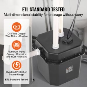 utility sink pump, 1/2 hp, 120 volt, 3500 gph flow, 28 ft head, under sink sump pump system with 6 gallon basin, automatic utility/laundry sink pump, drain pump with 1 1/2" npt outlet, black