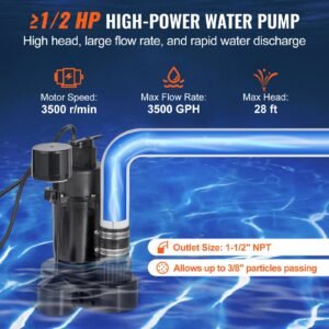 utility sink pump, 1/2 hp, 120 volt, 3500 gph flow, 28 ft head, under sink sump pump system with 6 gallon basin, automatic utility/laundry sink pump, drain pump with 1 1/2" npt outlet, black