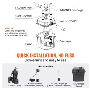 utility sink pump, 1/2 hp, 120 volt, 3500 gph flow, 28 ft head, under sink sump pump system with 6 gallon basin, automatic utility/laundry sink pump, drain pump with 1 1/2" npt outlet, black