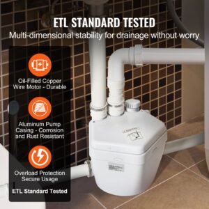 utility sink pump, 1/3 hp, 120 volt, 1750 gph flow, 18 ft head, under sink sump pump system with copper wire motor, heavy duty utility/laundry sink pump, drain pump with 1 1/2" outlet, white