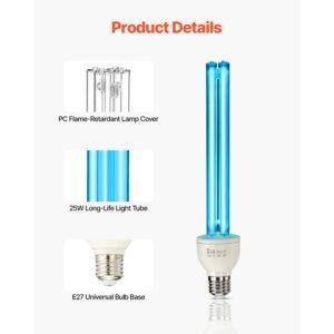 uv light bulb, 4 pack, 25w replacement ultraviolet uvc lamp with ozone, 253.7 nm + 185 nm wavelength uvo light bulb, e27 universal, for 400 sqft living room, classroom, office, restaurant