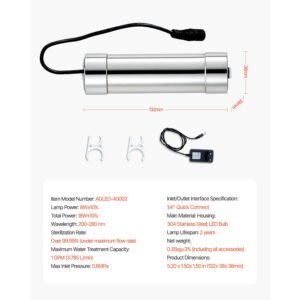 uv water purifier, 8w 1gpm, 110v versatile ultraviolet water purifier filter with stainless steel housing, whole house uv water filter with quartz sleeve fit for shower/drinking/cleaning