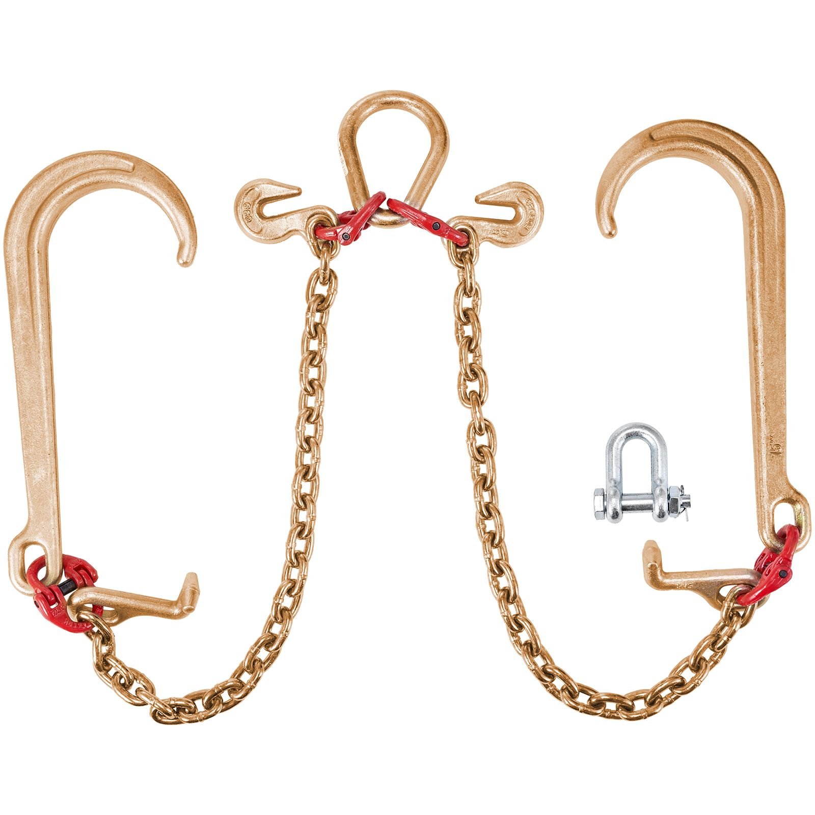 v bridle chain, 5/16 in x 2 ft bridle tow chain, grade 80 v bridle transport chain, 9260 lbs break strength with tj hooks and crab hooks, heavy duty pear link connector and chain shorteners