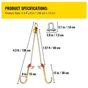 v bridle chain, 5/16 in x 2 ft tow chain bridle, grade 80 v bridle transport chain, 9260 lbs break strength with tj hooks & grab hooks, heavy duty pear link connector and chain shorteners