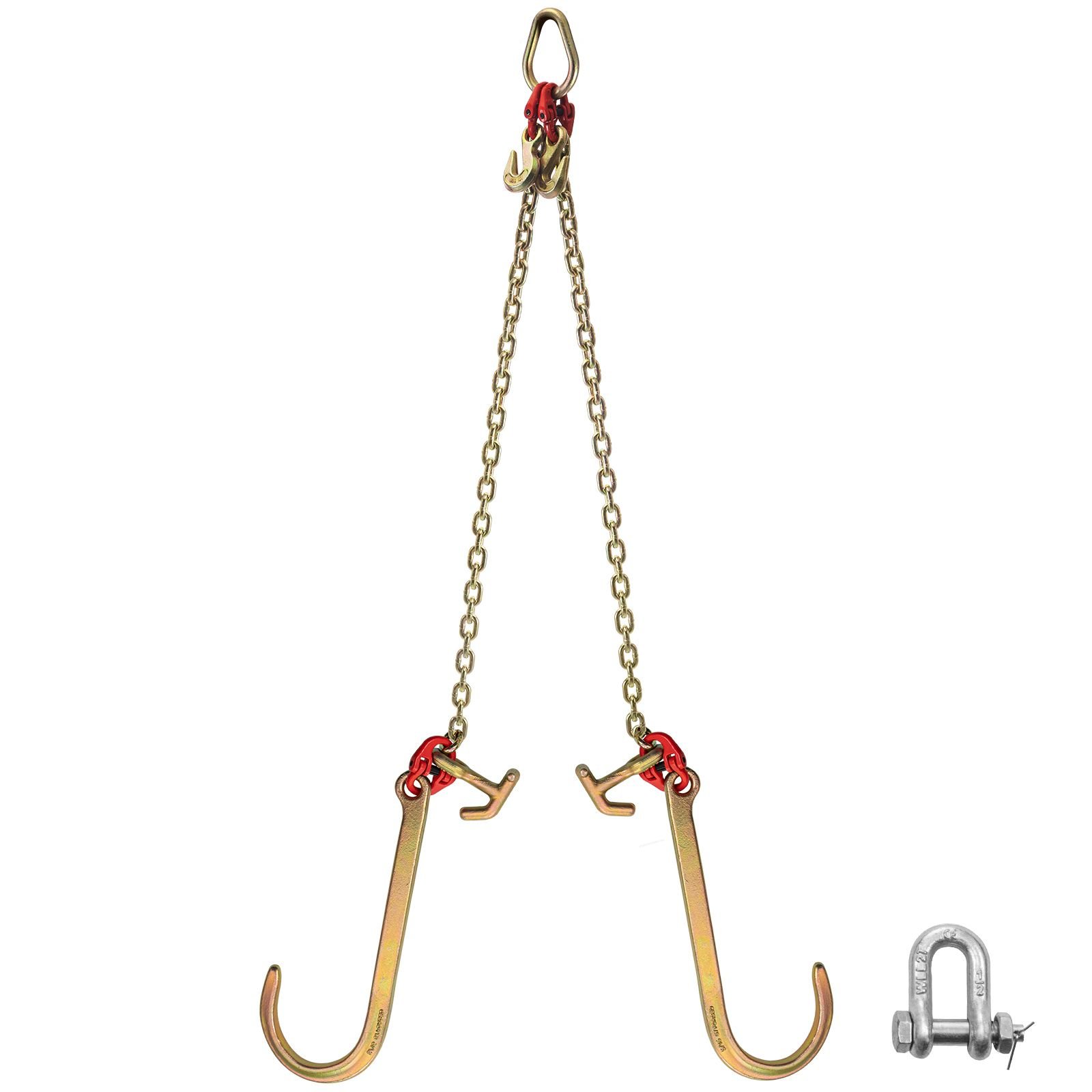 v bridle chain, 5/16 in x 2 ft tow chain bridle, grade 80 v bridle transport chain, 9260 lbs break strength with tj hooks & grab hooks, heavy duty pear link connector and chain shorteners
