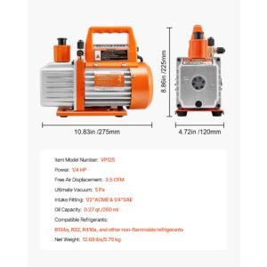 vacuum pump, 3.5 cfm 1/4 hp, hvac single stage rotary vane ac vacuum pump, for r134a r22 r410a systems, with oil bottle, 1720 prm, for automotive air conditioner maintenance resin degassing