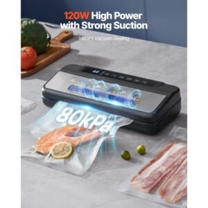 vacuum sealer machine, 80kpa 120w powerful compact food sealer, 7 in 1 multi functional food vacuum sealer, automatic air sealing system with built in cutter with 10 vacuum bags & 1 bag roll