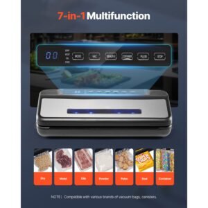 vacuum sealer machine, 80kpa 120w powerful compact food sealer, 7 in 1 multi functional food vacuum sealer, automatic air sealing system with built in cutter with 10 vacuum bags & 1 bag roll