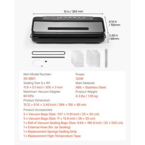 vacuum sealer machine, 80kpa 120w powerful compact food sealer, 7 in 1 multi functional food vacuum sealer, automatic air sealing system with built in cutter with 10 vacuum bags & 1 bag roll