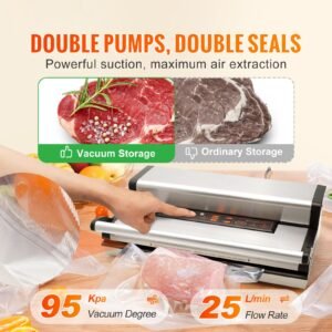 vacuum sealer machine, 95kpa 350w powerful dual pump and dual sealing, dry and moist food storage, automatic and manual air sealing system with built in cutter, with seal bag and external hose