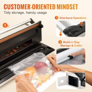 vacuum sealer machine, 95kpa 350w powerful dual pump and dual sealing, dry and moist food storage, automatic and manual air sealing system with built in cutter, with seal bag and external hose