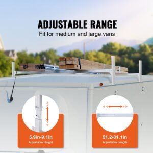 van roof ladder rack, 2 bars aluminum alloy roof ladder racks, 400 lbs capacity rain gutter van roof rack, adjustable length 51.2" to 81.1", van ladder rack for van, cargo, trailer