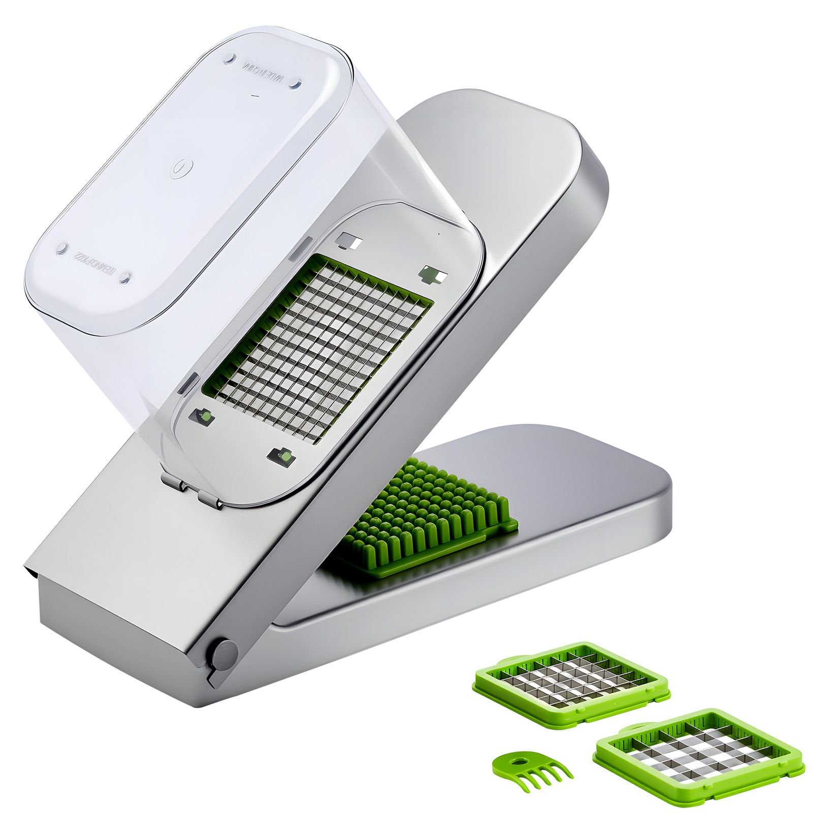 vegetable chopper, food veggie cutter with 3 stainless steel blades, onion slicer with container, salad potato dicer kitchen gadgets & essentials home appliances tools for easy diy, silver