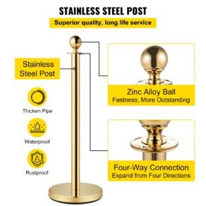velvet ropes and posts, 5 ft/1.5 m red rope, stainless steel gold stanchion with ball top, red crowd control barrier used for theaters, party, wedding, exhibition, ticket offices 2 pack sets