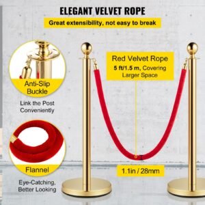 velvet ropes and posts, 5 ft/1.5 m red rope, stainless steel gold stanchion with ball top, red crowd control barrier used for theaters, party, wedding, exhibition, ticket offices 2 pack sets