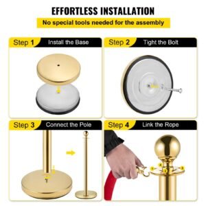 velvet ropes and posts, 5 ft/1.5 m red rope, stainless steel gold stanchion with ball top, red crowd control barrier used for theaters, party, wedding, exhibition, ticket offices 2 pack sets