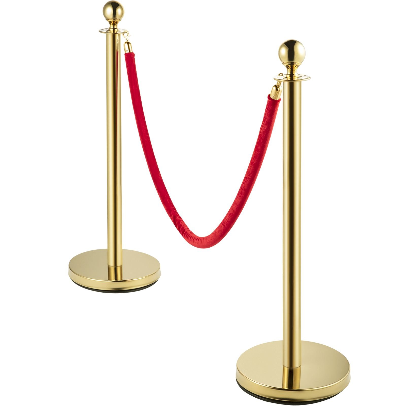 velvet ropes and posts, 5 ft/1.5 m red rope, stainless steel gold stanchion with ball top, red crowd control barrier used for theaters, party, wedding, exhibition, ticket offices 2 pack sets