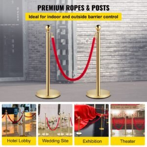 velvet ropes and posts, 5 ft/1.5 m red rope, stainless steel gold stanchion with ball top, red crowd control barrier used for theaters, party, wedding, exhibition, ticket offices 4 packsets