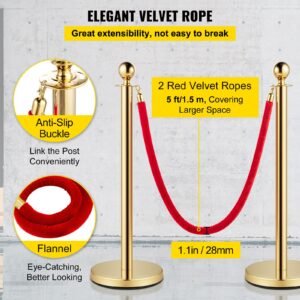 velvet ropes and posts, 5 ft/1.5 m red rope, stainless steel gold stanchion with ball top, red crowd control barrier used for theaters, party, wedding, exhibition, ticket offices 4 packsets