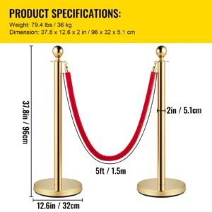 velvet ropes and posts, 5 ft/1.5 m red rope, stainless steel gold stanchion with ball top, red crowd control barrier used for theaters, party, wedding, exhibition, ticket offices pack sets (6)