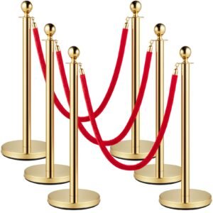 velvet ropes and posts, 5 ft/1.5 m red rope, stainless steel gold stanchion with ball top, red crowd control barrier used for theaters, party, wedding, exhibition, ticket offices pack sets (6)