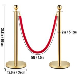 velvet ropes and posts, 5 ft/1.5 m red rope, stainless steel gold stanchion with ball top, red crowd control barrier used for theaters, party, wedding, exhibition, ticket offices pack sets (6)