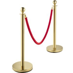 velvet ropes and posts, 5 ft/1.5 m red rope, stainless steel gold stanchion with ball top, red crowd control barrier used for theaters, party, wedding, exhibition, ticket offices pack sets (6)