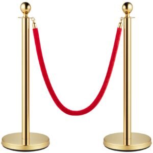 velvet ropes and posts, 5 ft/1.5 m red rope, stainless steel gold stanchion with ball top, red crowd control barrier used for theaters, party, wedding, exhibition, ticket offices pack sets (6)