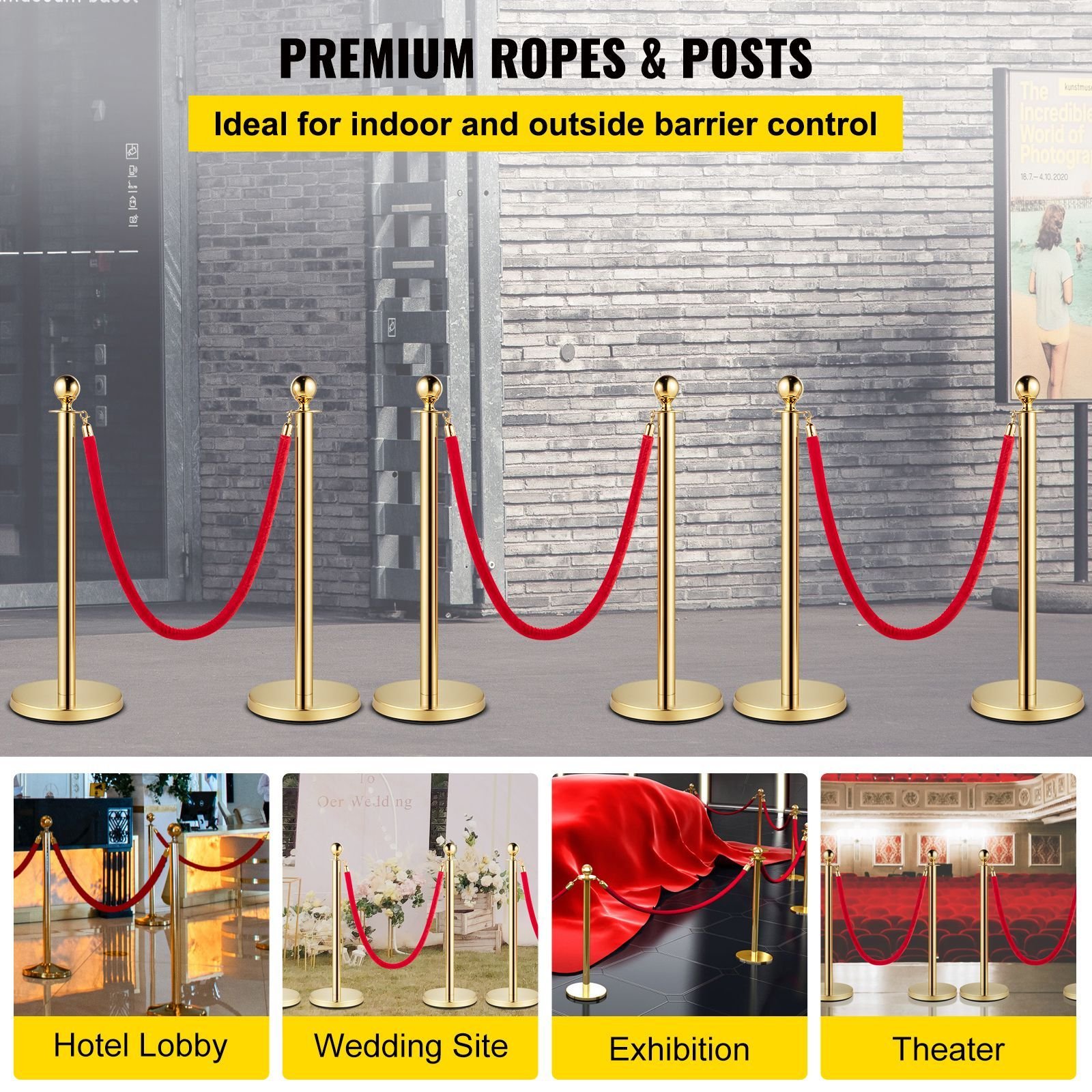 velvet ropes and posts, 5 ft/1.5 m red rope, stainless steel gold stanchion with ball top, red crowd control barrier used for theaters, party, wedding, exhibition, ticket offices pack sets (6)