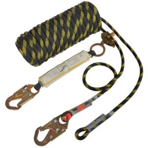vertical lifeline assembly, 0.55'' x 100' fall protection rope with 30 kn breaking tension, polyester roofing rope with steel snap hooks, rope grab, and shock absorber, ansi compliant