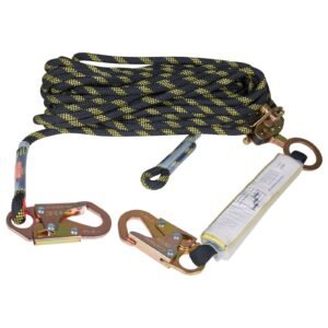 vertical lifeline assembly, 0.55'' x 100' fall protection rope with 30 kn breaking tension, polyester roofing rope with steel snap hooks, rope grab, and shock absorber, ansi compliant