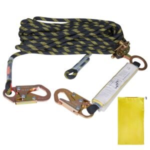 vertical lifeline assembly, 0.55'' x 25' fall protection rope with 30 kn breaking tension, polyester roofing rope with steel snap hooks, rope grab, and shock absorber, ansi compliant