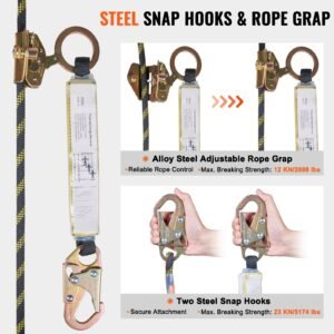vertical lifeline assembly, 0.55'' x 50' fall protection rope with 30 kn breaking tension, polyester roofing rope with steel snap hooks, rope grab, and shock absorber, ansi compliant