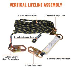 vertical lifeline assembly, 0.55'' x 50' fall protection rope with 30 kn breaking tension, polyester roofing rope with steel snap hooks, rope grab, and shock absorber, ansi compliant