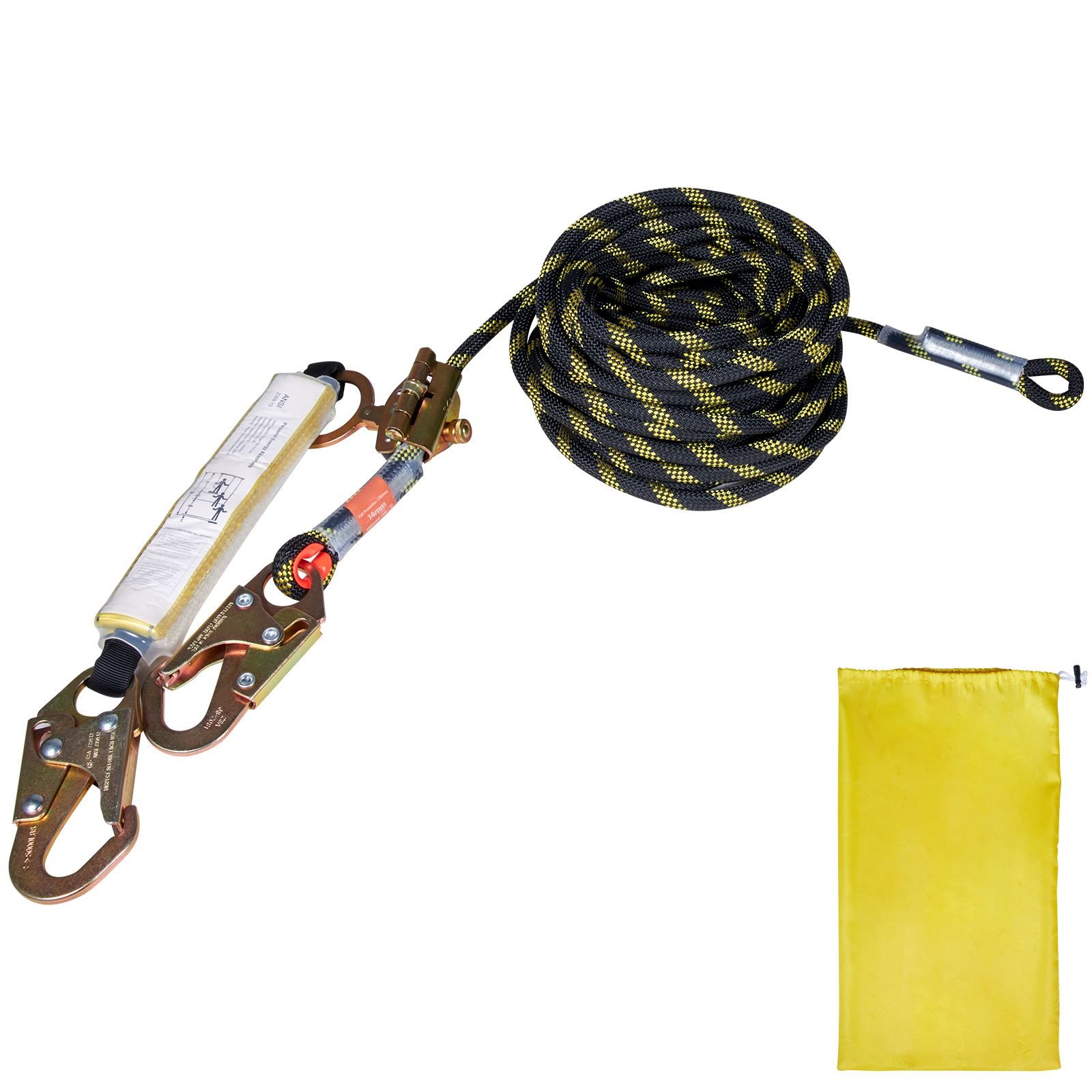 vertical lifeline assembly, 0.55'' x 50' fall protection rope with 30 kn breaking tension, polyester roofing rope with steel snap hooks, rope grab, and shock absorber, ansi compliant