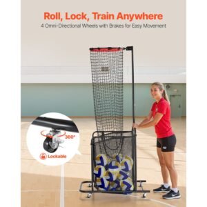 volleyball setter training equipment, angle and height adjustable volleyball trainer, portable practice net with cart, wheels, carrying bag, indoor outdoor target net for serving spiking setting