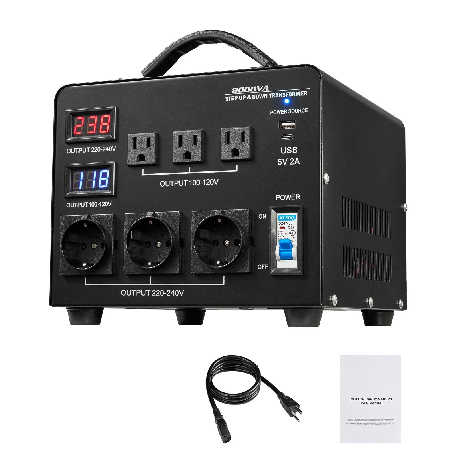 voltage auto converter transformer, 3000va, heavy duty step up/down power transformer, 110v to 220v and 220v to 110v, with 3 us outlets, 3 eu outlets, lcd display, circuit breaker protection