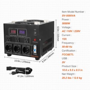 voltage converter transformer, 5000w, heavy duty step up/down transformer, convert from 110 volt to 220 volt and from 220 volt to 110 volt, with us outlet eu outlet 5v usb port, ce certified