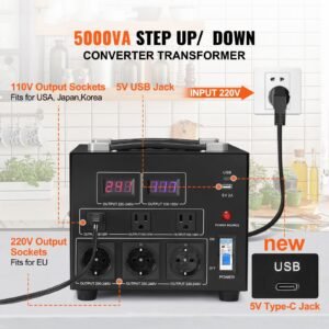 voltage converter transformer, 5000w, heavy duty step up/down transformer, convert from 110 volt to 220 volt and from 220 volt to 110 volt, with us outlet eu outlet 5v usb port, ce certified