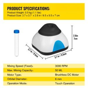 vortex mixer, 3000rpm mini vortex mixer shaker, touch function scientific lab vortex shaker, mix up to 50ml, 6mm orbital diameter for test tube, tattoo ink, nail polish, eyelash adhesives, paint