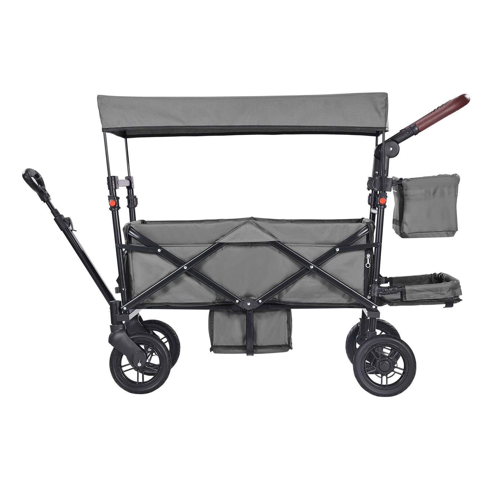 wagon stroller for 2 kids, push pull quad collapsible stroller with adjustable handle, encircling harness removable canopy, 4 wheels w/ brakes, mutifunction tandem stroller for camping dark grey